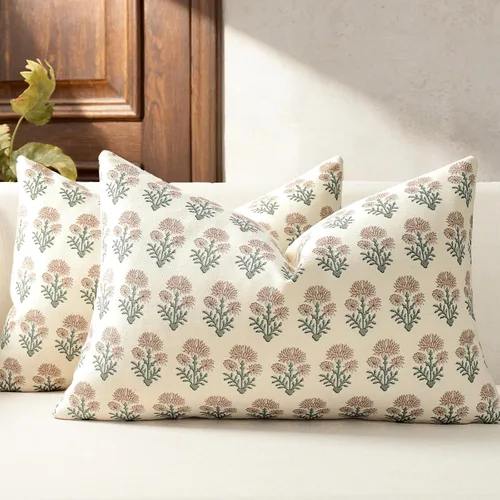 Vista 25 de Juego de 2 fundas de almohada florales de 20 x 20 pulgadas, fundas de almohada con diseño botánico campestre para sofá, cama, sala de estar, fundas