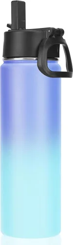 Vista 9 de Neihepal Botellas de agua aisladas de 22 onzas con tapa con popote a prueba de fugas, botella de agua de acero inoxidable de doble pared de boca