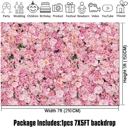 Vista 5 de Fondo de fotos de pared con rosas rosadas, decoración de fiesta de cumpleaños para niñas, telón de fondo de fotografía para el día de San Valentín