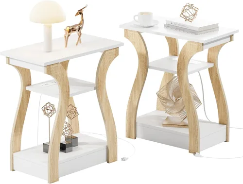 Vista 15 de FROMJBEST - Mesa auxiliar con estación de carga; mesa de lado con puertos USB y tomas de corriente; mesa de noche de sofá de 3 niveles para espacios