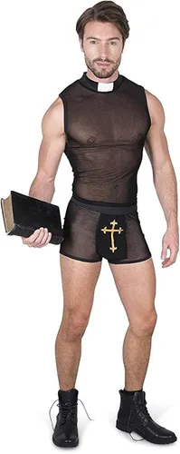 Vista 2 de Disfraz sexy de sacerdote - Camiseta sin mangas de malla para Halloween, color negro, Negro