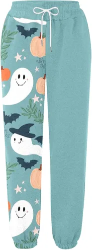 Vista 3 de Pantalones deportivos de Halloween para mujer, con estampado de calabaza, cintura alta, pantalones deportivos activos con cordón y pierna recta