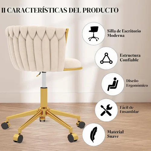 Vista 9 de Silla de escritorio moderna de terciopelo con ruedas, hermosa silla de tocador para niñas, color beige