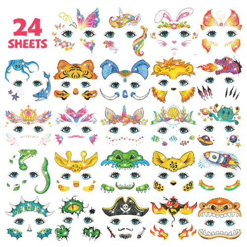Vista 2 de Leesgel 24 hojas de tatuajes faciales con purpurina para niños, tatuajes de pintura facial para cumpleaños de niños y niñas, recuerdos de fiesta