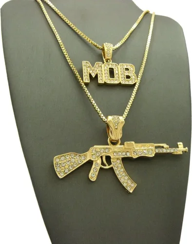 Vista 5 de Shiny Jewelers USA Juego de collar de cadena con colgante para hombre, pistola AK 47 picador pulgar, vida, Metal, Circonia cúbica