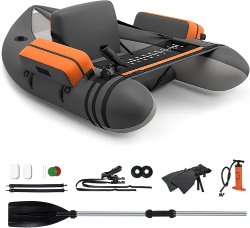 Vista 10 de GYMAX Tubo flotador de pesca, barco de pesca inflable de 350 libras con paleta, bomba, aletas, estatores de anzuelos, regla de pescado, bolsillos