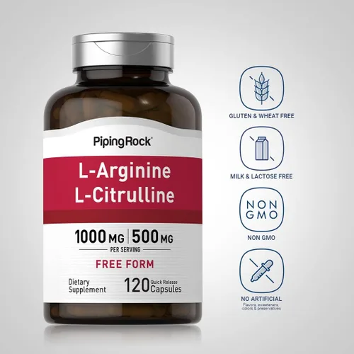 Vista 3 de Piping Rock L-Arginina L-Citrulina Suplemento 1500 mg 120 Cápsulas Pastillas de forma libre para hombres y mujeres Sin OMG, sin gluten