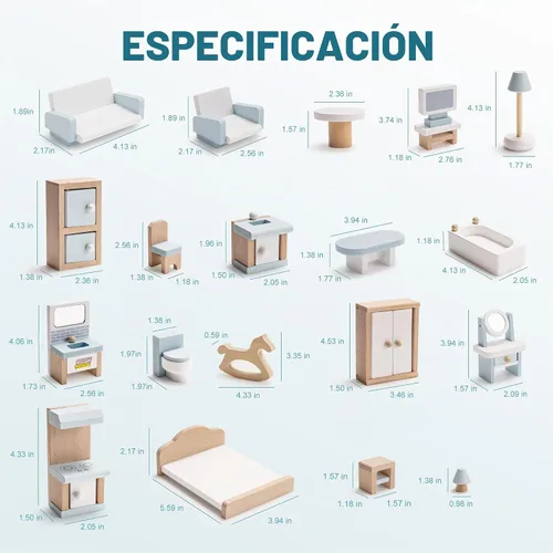 Vista 7 de ROBOTIME Muebles para Casa de Muñecas, Juego de Muebles de Madera para Casa de Muñecas, Set de 23 Piezas de Accesorios y Muebles para Casa