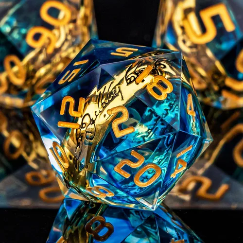 Vista 3 de OUKELANWO Magic Lord Rings - Juego de dados DND con caja, 7 piezas de dados LOTR D&D de resina para juegos de rol, dados azul dorado de Dungeons