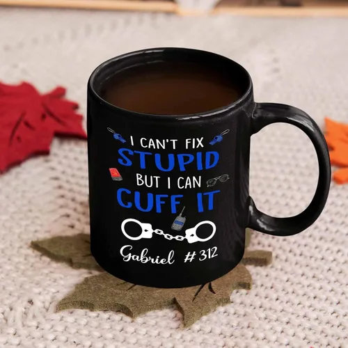 Vista 3 de Taza de café personalizada de oficial de policía, regalos para hombres, mujeres, empleados jefes, con texto en inglés "I Fix Stupid But I can