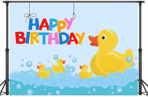 Vista 4 de Fondo de fotografía de fiesta de cumpleaños de pato de pato amarillo, 5 x 3 pies, diseño de pato feliz de dibujos animados para niños, fiesta