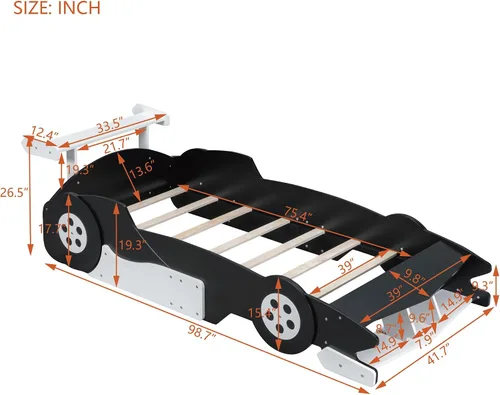 Vista 2 de Cama de plataforma en forma de auto de carreras de tamaño individual con ruedas, plataforma de madera con soporte de listones resistentes y rieles