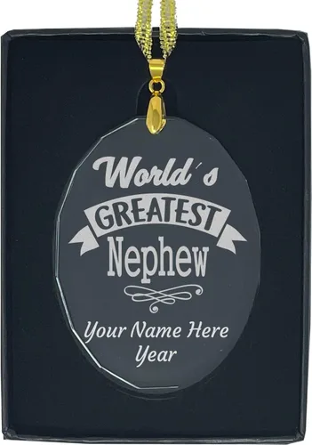 Vista 9 de LaserGram Adorno de Navidad de vidrio personalizado, sobrino más grande del mundo, idea de regalo grabada con láser personalizada (forma de diamante)