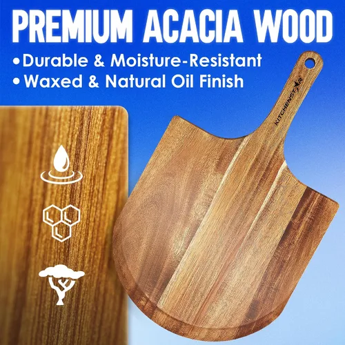 Vista 4 de KitchenStar Pela de pizza de madera de acacia de 14 pulgadas – Tabla grande de madera para cortar y servir con mango – Acabado de aceite natural