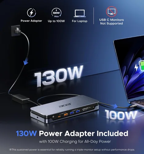 Vista 9 de Acer 16-in-1 DisplayLink Docking Station,Triple 4K@60Hz,130W Power Adapter