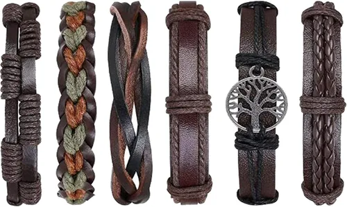 Vista 8 de Pulsera de cuero del árbol de la vida, 6 pulseras de cuero trenzado étnico tribal, pulseras ajustables para hombres y mujeres, Cuero