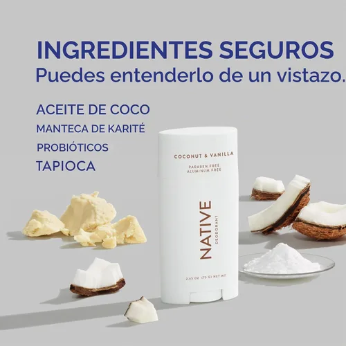 Vista 2 de Native Desodorante Desodorante natural para mujeres y hombres, sin aluminio con bicarbonato de sodio, probióticos, aceite de coco y manteca