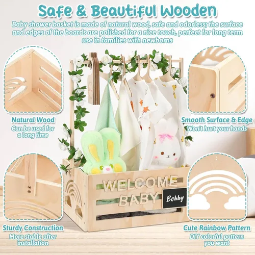 Vista 5 de Jupwalz Armario de madera para baby shower con perchas, letras, divisores, cesta de fácil montaje para niños recién nacidos, regalos de embarazo