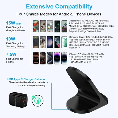 Vista 7 de Soporte de cargador inalámbrico para teléfono Google Pixel 10 Pro XL para Android Pixel 10 Pro Fold/9 Pro XL/8Pro/7/6, Samsung Galaxy S25 Ultra