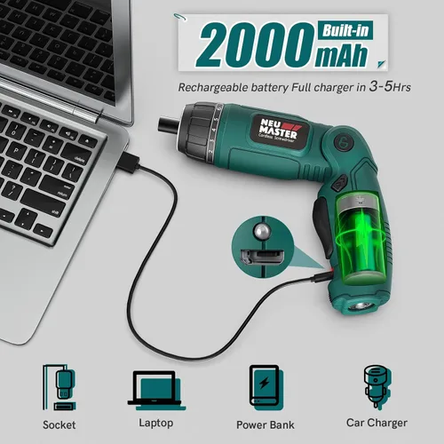 Vista 5 de NEU MASTER Destornillador inalámbrico, destornillador eléctrico de 4 V, destornillador eléctrico recargable con mango giratorio, luz LED delantera