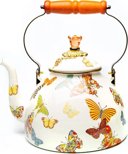 Vista 11 de MACKENZIE-CHILDS Tetera de Esmalte, Tetera Bonita para Estufa, 2 Cuartos, Rosa Silvestre Marrón Diseño aplicado a mano, hecho de acero esmaltado