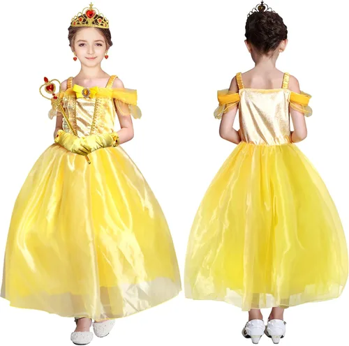 Vista 3 de Tacobear Disfraz de Bella iluminado para niñas, vestidos de Bella con accesorios de vestir, disfraz de princesa para Halloween, cumpleaños
