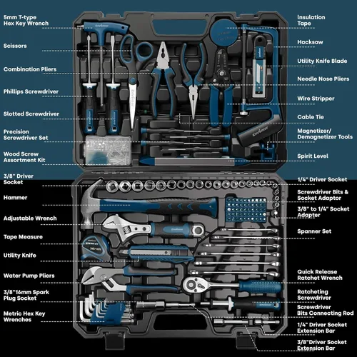 Vista 2 de Enventor Juego de herramientas, kit de 220 piezas para el hogar con caja de herramientas, llave y herramientas manuales para reparaciones del hogar