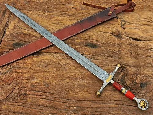 Vista 3 de Espada de ascalón de acero de Damasco Saint George Dragon Slayer con funda de cuero, espada de hoja de doble filo