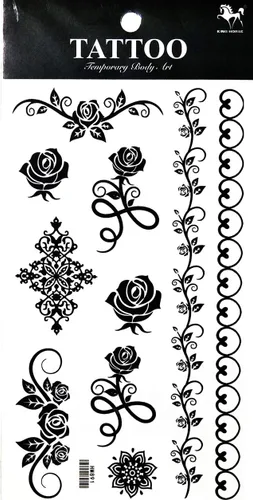 Vista 2 de Tatuajes 2 hojas hermosas rosas negras enredaderas temporales tatuajes adhesivos falsos cuerpo brazo pecho hombro tatuajes para hombres