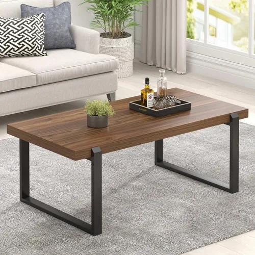 Vista 15 de FOLUBAN Mesa de café negra, mesa central moderna de madera y metal industrial, mesa rectangular de cóctel y té para sala de estar, 47 pulgadas