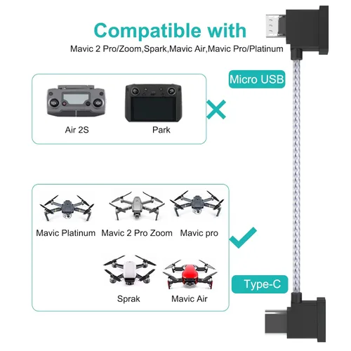 Vista 2 de MTAKYI Micro USB tipo C 0.5 pies/5.9 in carga de teléfono+cable de control remoto de datos, para DJI Mavic Air, Mavic Pro/2 Pro Zoom, Mavic