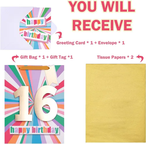 Vista 3 de WRAPAHOLIC Bolsa de regalo de cumpleaños grande de 13 pulgadas con tarjeta y papel de seda - 16 cumpleaños Feliz cumpleaños número 16