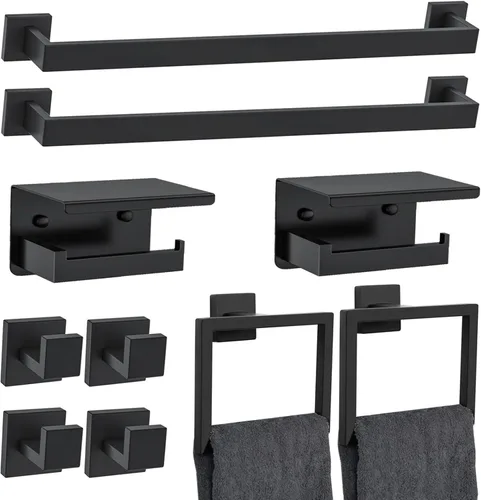 Vista 12 de Juego de accesorios de baño de 10 piezas en oro cepillado Juego de barra de toallas doradas, toallero/estante para baño, juego de accesorios de baño