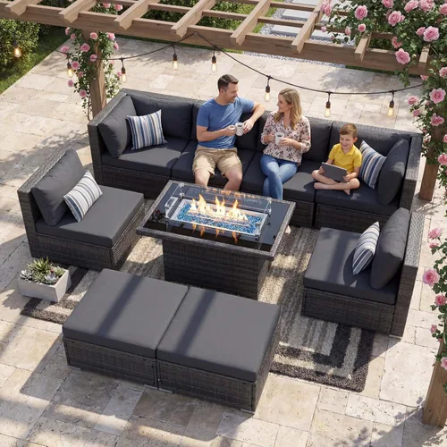 Vista 48 de NICESOUL Juego de muebles de patio de ratán extra grande con mesa para fogata de gas y propano, 29.3 pulgadas, respaldo alto, cómodos conversaciones