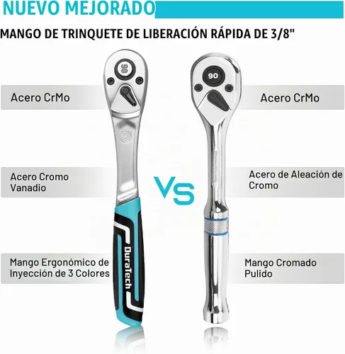 Vista 3 de DURATECH Trinquete de accionamiento de 3/8 pulgadas, llave de trinquete de liberación rápida de 90 dientes Socket Wrench with Cushion Injection