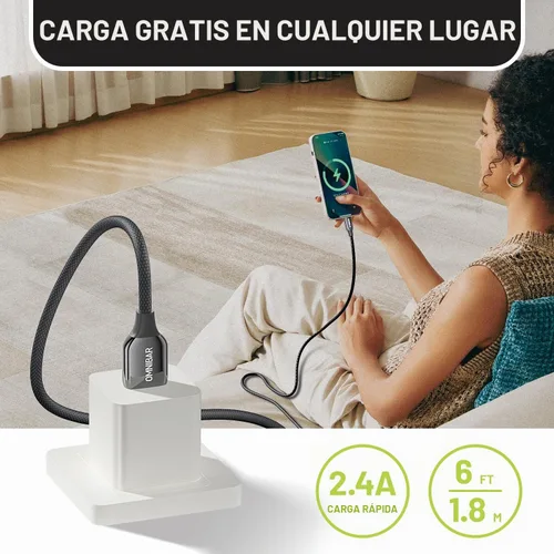 Vista 5 de Cable USB A a Lightning de 1.8 m, cable cargador Lightning para iPhone certificado MFi, cable cargador de iPhone de nylon trenzado para Apple