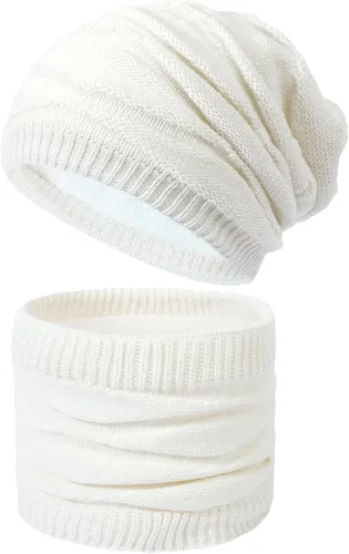 Vista 6 de Muryobao Conjunto de bufanda de invierno para mujer con forro polar cálido holgado y grueso de punto calavero talla única