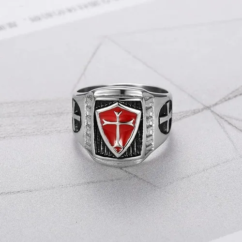 Vista 3 de pickyegg.com Anillo de caballeros templarios con escudo para hombre, acero inoxidable, plateado, talla 7-15