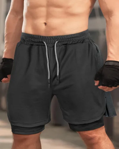 Vista 5 de Pantalones cortos de correr para hombre 2 en 1 de malla para gimnasio, entrenamiento, deportes, pantalones cortos atléticos para hombres