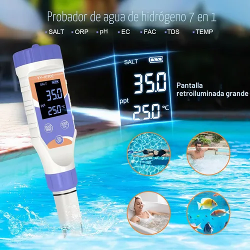 Vista 4 de Probador digital 7 en 1 de agua para piscinas: cloro, pH, sal, ORP, EC, TDS y medidor de temperatura para piscinas de agua salada, jacuzzis, spas