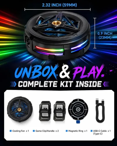 Vista 6 de Phone Cooler, Low Noise Cooling Fan for Phone Phone Cooler for Gaming USB Semiconductor Cooling Fan RGB Light, Magnetic Ring & Clip Cellphone black