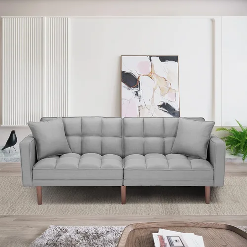 Vista 12 de Sofá cama futón convertible, moderno sofá cama plegable tapizado de lino con dos almohadas, sofá cama de 75 pulgadas para sala de estar, dormitorio