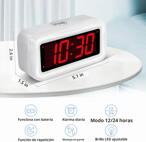 Vista 2 de Reloj despertador, reloj digital, modo nocturno automático, brillo LED de 3 niveles, funciona con pilas, 12/24 horas, pantalla de dígitos rojos