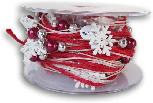 Vista 2 de Cinta de Navidad de yute con cuentas de copo de nieve rojo - 15 pies