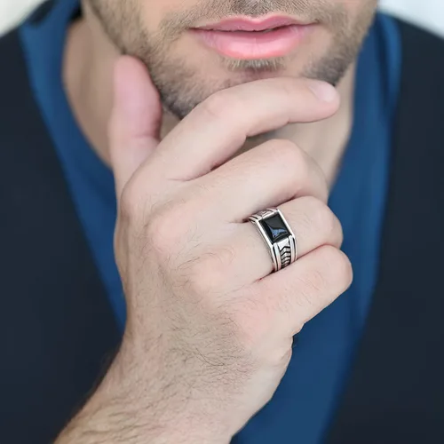 Vista 2 de Sterling Silver Rings for Men with Arrow Pattern, Anillos para Hombre, Mens Rings with Gemtone, Handmade Sterling Silver Rings with Onyx, Turquoise