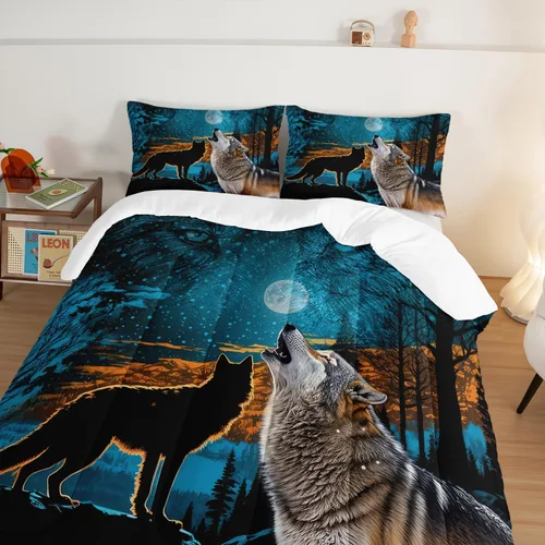Vista 5 de HOSIMA Edredón de lobo salvaje tamaño individual, ropa de cama con estampado de animales del bosque con 2 fundas de almohada, juego de ropa de cama