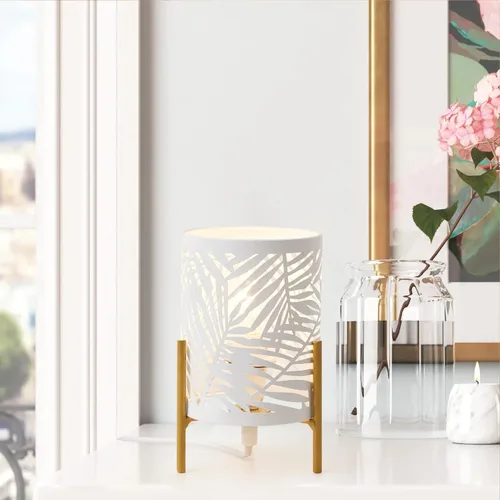 Vista 7 de Lámpara de mesa decorativa, soporte dorado de trípode con pantalla hueca de metal blanco, luz nocturna para mesita, E12 40W, sin bombilla Blanco-33