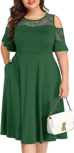 Vista 3 de Pinup Fashion Vestidos midi con cuello de malla y hombros descubiertos de talla grande para invitados de boda con bolsillos
