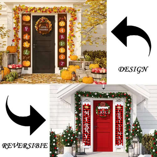 Vista 4 de Cartel reversible de Navidad y Acción de Gracias de 3 piezas, cartel de porche de Feliz Navidad y cosecha de otoño, cartel colgante a cuadros