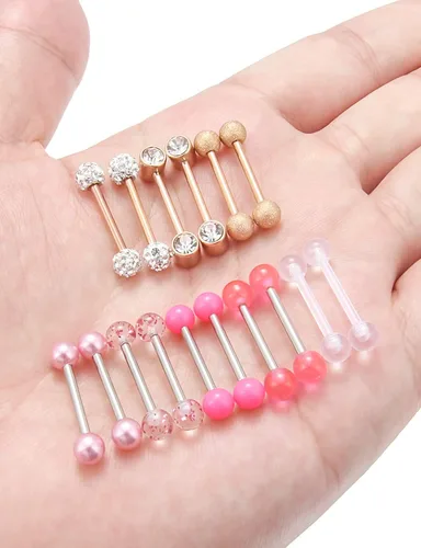 Vista 2 de Prjndjw 8-12 pares de anillos para pezón de acero quirúrgico de 14G y 16G, anillos para lengua de acero quirúrgico, piercing para pezón, diamantes